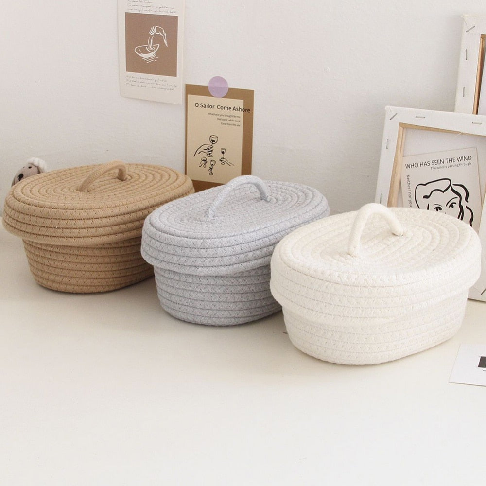 Nordic Cotton Rope Woven Storage Baskets Organize Boxs Desktop Sundries Organizer Sundries Key Cosmetics Storage Basket With Lid - Provence Home Living Store