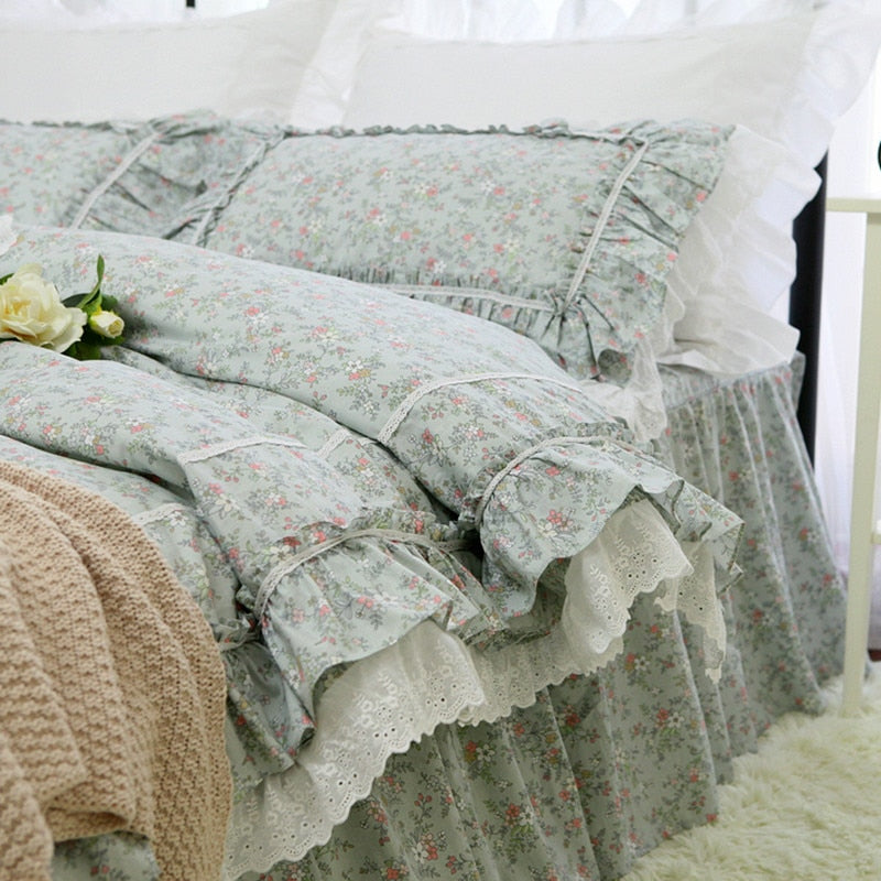 Fashion floral print bedding set Luxury lace ruffle duvet cover Embroidery bed set pastoral bedding bedspread queen bedding set - Provence Home Living Store