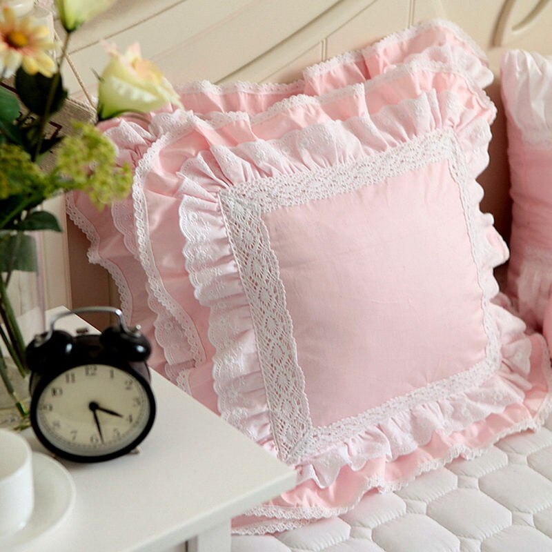 Pink European embroidered cushion cover ruffle Lace Satin cotton pillow cover handmade elegant bedding pillowcase sofa cushion - Provence Home Living Store