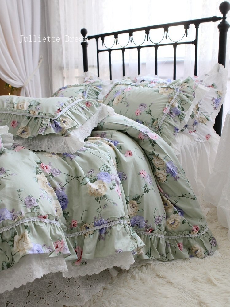 New American Floral bedding set 80 count quality cotton bedding elegant ruffle lace duvet cover set queen size bedding linens - Provence Home Living Store