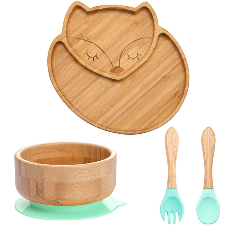 4pcs Children&#39;s Tableware Suction Plate Bowl Baby Dishes Baby Feeding Dishes Spoon Fork Sets Bamboo Plate for Kids Tableware - Provence Home Living Store