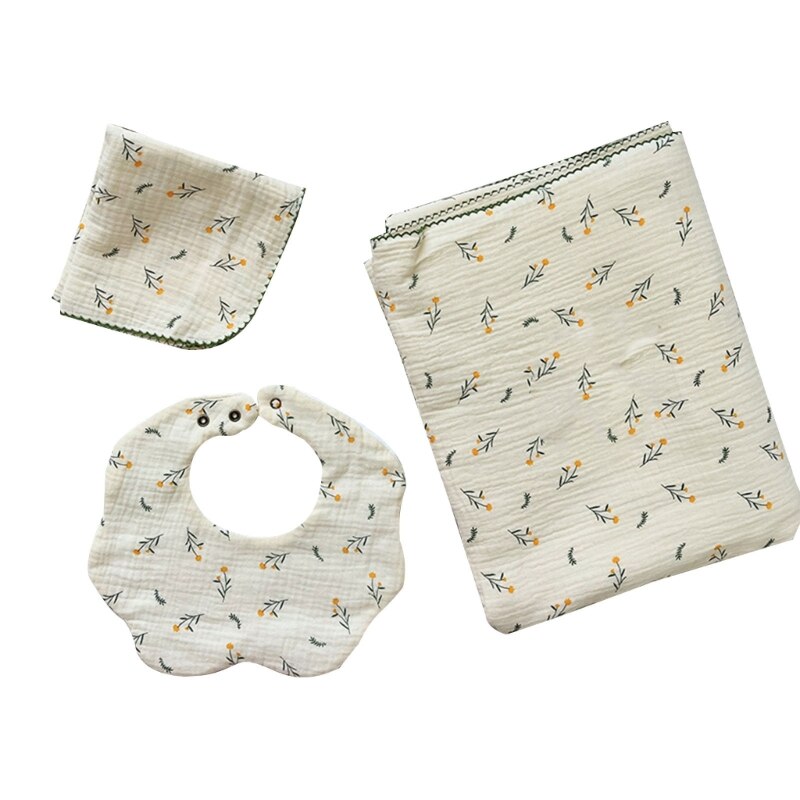 3 Pcs Cotton Muslin Baby Blanket+Square Face Towel+Baby Bib Soft Cartoon Newborn Swaddle Wrap Bath Towel Kids Receiving Blanket - Provence Home Living Store