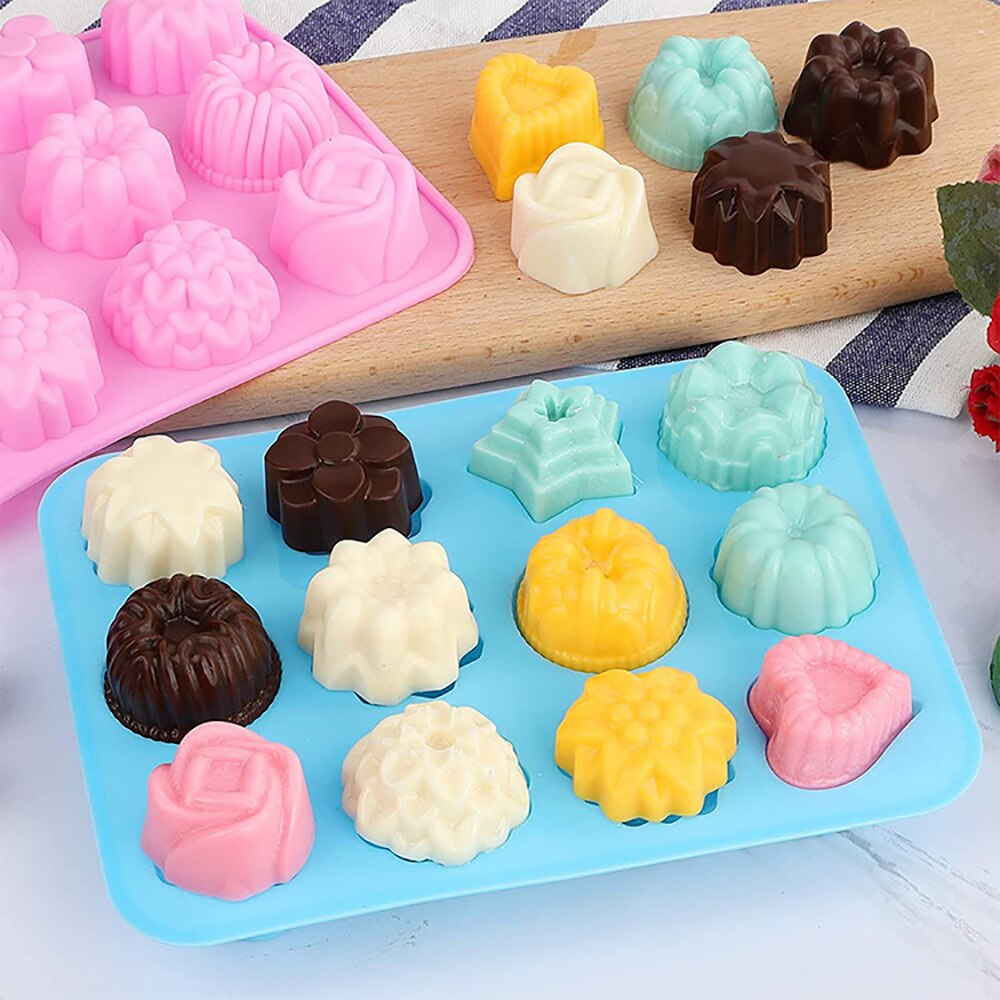 12 Cavity Silicone Mold Flower Heart Shape Chocolate Candy Molds Pudding Jelly Baking Mould Ice Cube Tray Kitchen Accessories - Provence Home Living Store