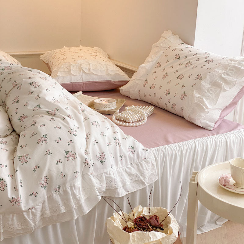 Dobby Print ruffle lace bedding set floral gentle cotton queen bedding set simple bed sheets quilt cover bedding princess linen - Provence Home Living Store