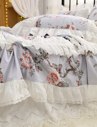 New French Countryside Garden Flowers and Birds bedding set Cotton ruffle lace duvet cover bed sheet set Bedding Sets for queen - Provence Home Living Store