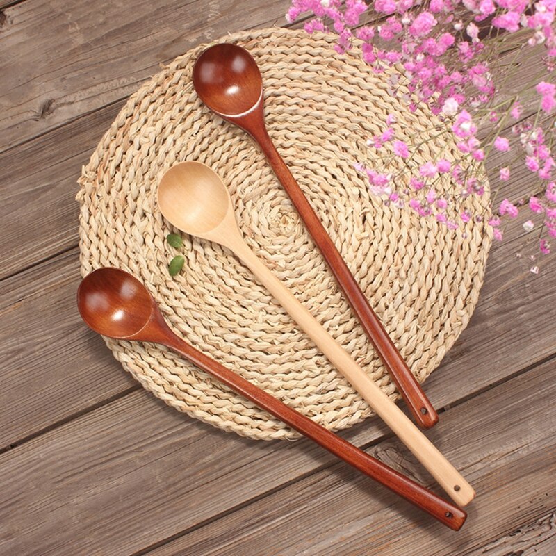 Japanese Style Wooden Spoon Long Handle Coffee Stirring Rod Tea Dessert Spoon Round Shape Mixing Soup Spoon Kitchen Tableware - Provence Home Living Store