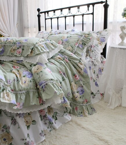 New American Floral bedding set 80 count quality cotton bedding elegant ruffle lace duvet cover set queen size bedding linens - Provence Home Living Store