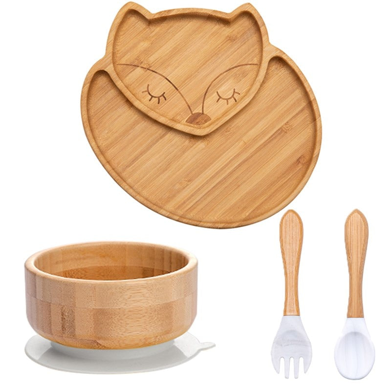 4pcs Children&#39;s Tableware Suction Plate Bowl Baby Dishes Baby Feeding Dishes Spoon Fork Sets Bamboo Plate for Kids Tableware - Provence Home Living Store