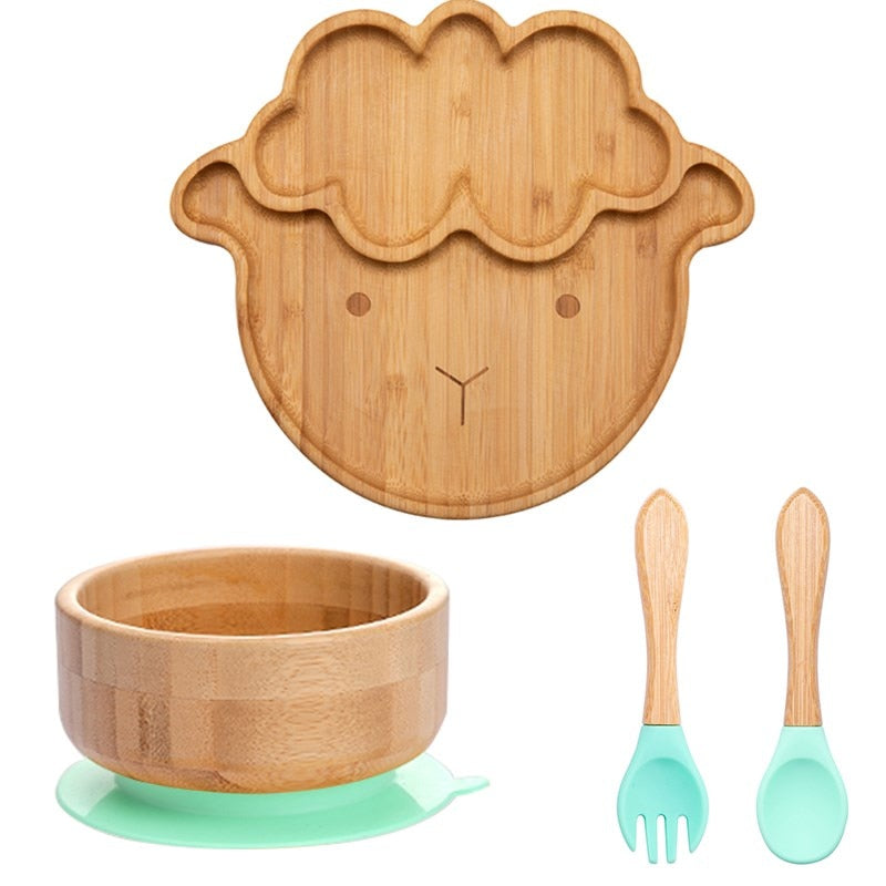 4pcs Children&#39;s Tableware Suction Plate Bowl Baby Dishes Baby Feeding Dishes Spoon Fork Sets Bamboo Plate for Kids Tableware - Provence Home Living Store