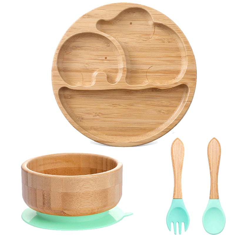 4pcs Children&#39;s Tableware Suction Plate Bowl Baby Dishes Baby Feeding Dishes Spoon Fork Sets Bamboo Plate for Kids Tableware - Provence Home Living Store