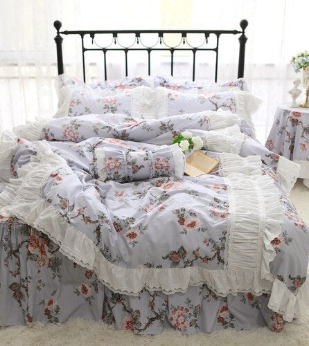 New French Countryside Garden Flowers and Birds bedding set Cotton ruffle lace duvet cover bed sheet set Bedding Sets for queen - Provence Home Living Store