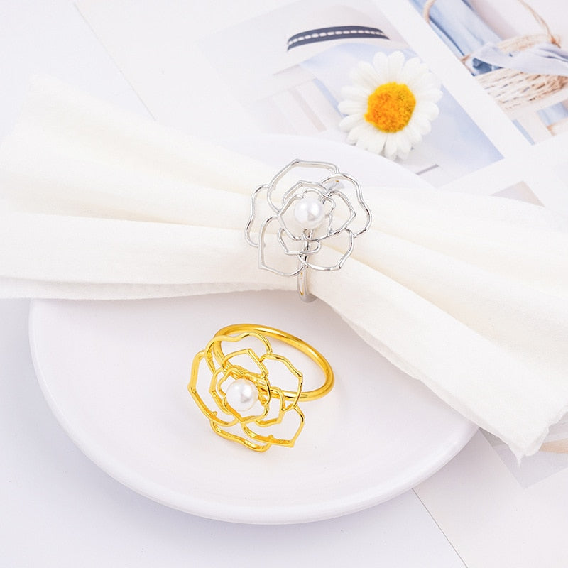 Valentine&#39;s Day Special Pearl Rose Napkin Rings for Romantic Dinner Wedding Decoration Table Beautiful Flower Napkin Holders - Provence Home Living Store