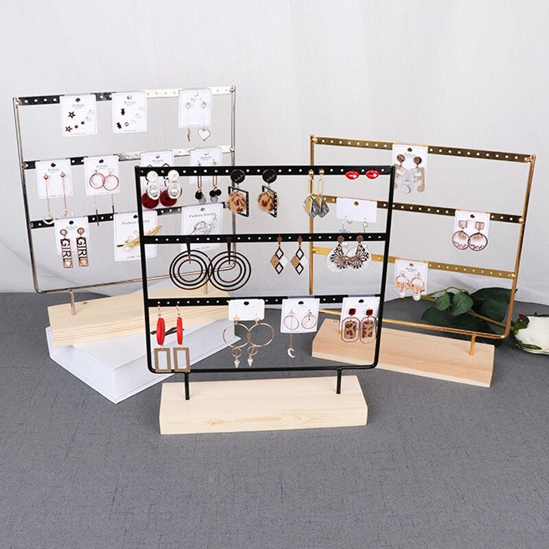 Metal Earring Display Stand 69 Holes Earrings Ring Necklace Jewelry Organizer Earrings Showing Shelf Holder Rack With Woode Base - Provence Home Living Store