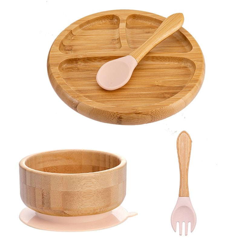 4pcs Children&#39;s Tableware Suction Plate Bowl Baby Dishes Baby Feeding Dishes Spoon Fork Sets Bamboo Plate for Kids Tableware - Provence Home Living Store