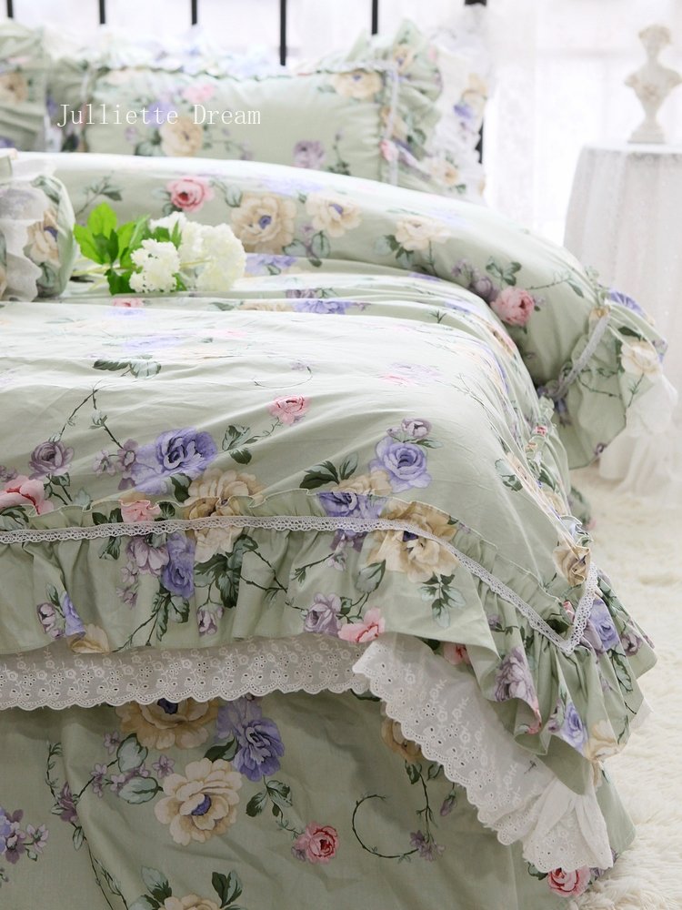 New American Floral bedding set 80 count quality cotton bedding elegant ruffle lace duvet cover set queen size bedding linens - Provence Home Living Store