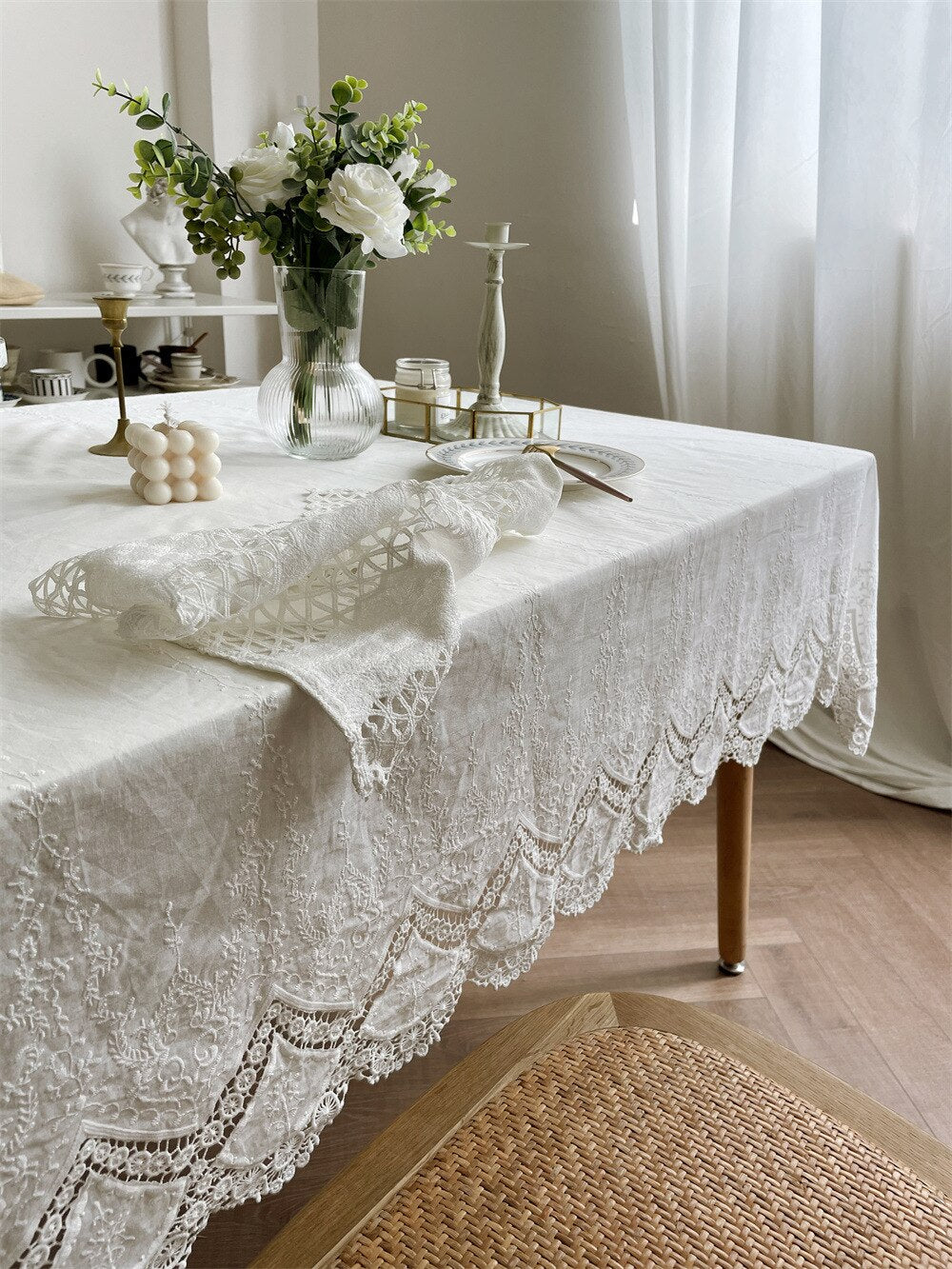 Luxurious Table Cover French White Lace Flower Embroidery Cotton 100% Tablecloth for Wedding Party Decoration Table Cloth - Provence Home Living Store