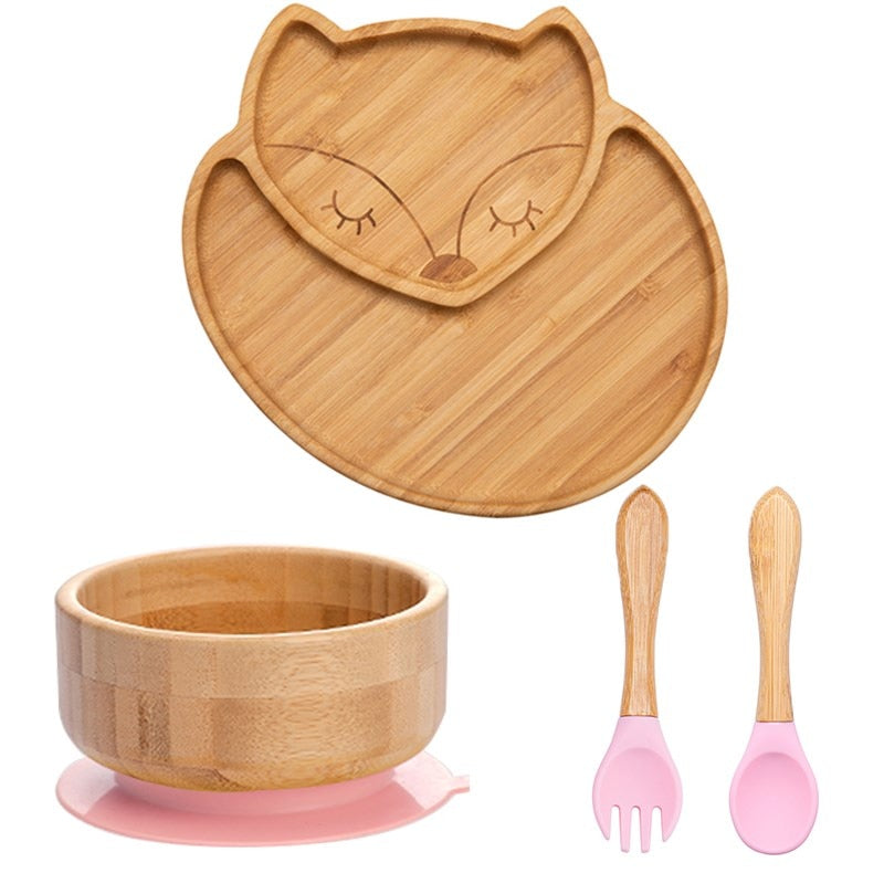 4pcs Children&#39;s Tableware Suction Plate Bowl Baby Dishes Baby Feeding Dishes Spoon Fork Sets Bamboo Plate for Kids Tableware - Provence Home Living Store