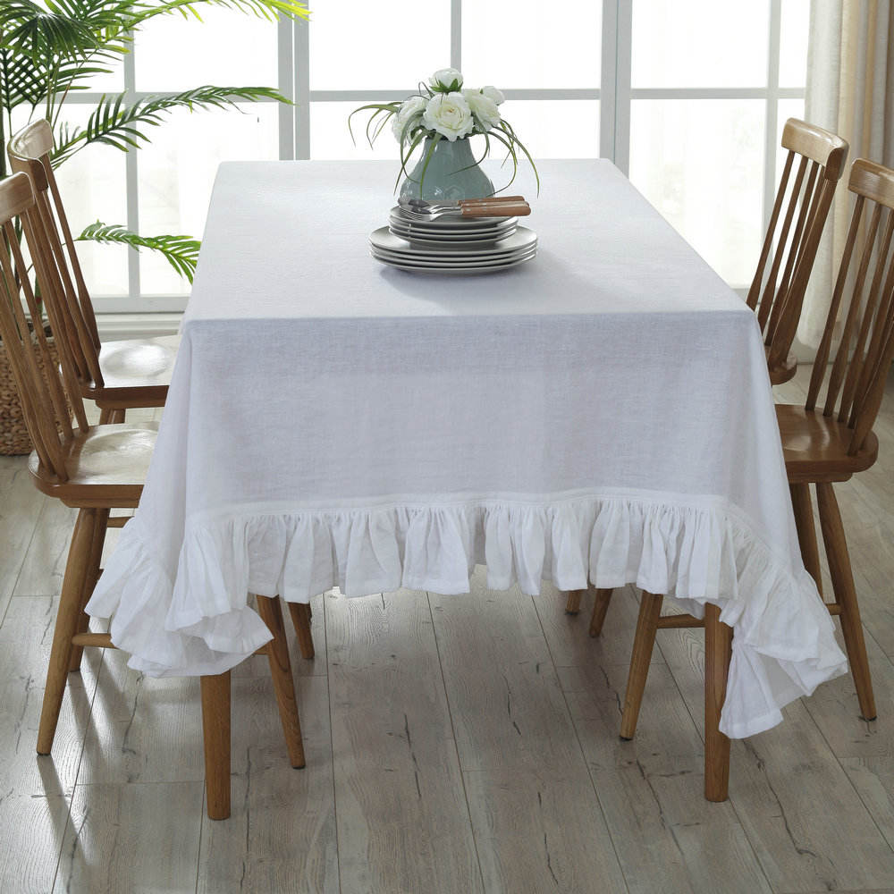 100% Pure Linen Ruffles Table Cover,Natural Fabric Flounce Tablecloth,for Kitchen Dining Party Holiday Fishtail Tabletop Decor - Provence Home Living Store