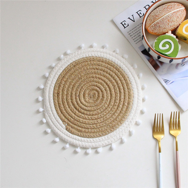 INS Nordic Cotton Rope Placemat Hand Woven Table Mats Round Drink Coaster Cup Bowl Insulation Pad Pot Holder Kitchen Accessories - Provence Home Living Store