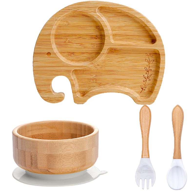 4pcs Children&#39;s Tableware Suction Plate Bowl Baby Dishes Baby Feeding Dishes Spoon Fork Sets Bamboo Plate for Kids Tableware - Provence Home Living Store