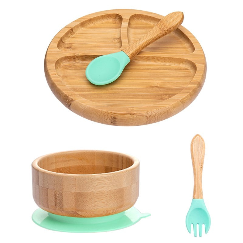 4pcs Children&#39;s Tableware Suction Plate Bowl Baby Dishes Baby Feeding Dishes Spoon Fork Sets Bamboo Plate for Kids Tableware - Provence Home Living Store