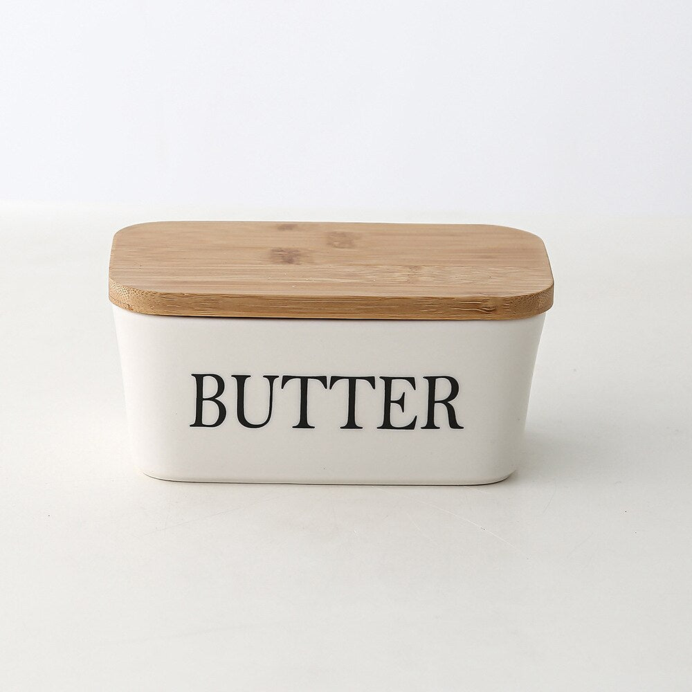 Ceramic Butter Sealing Box Nordic Butter Plate With Wood Lid And Knife Cheese Storage Tray Butter Dish Kitchen Storage Container - Provence Home Living Store