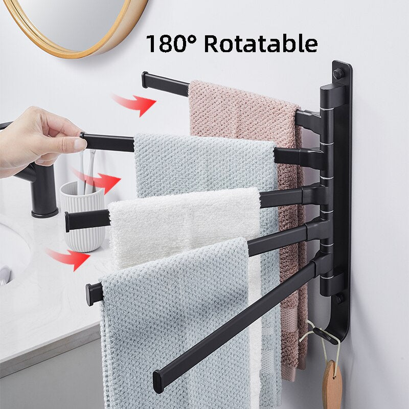 Black Bathroom 2/3/4/5 Arms Swivel Towel Bar Space Saving Swinging Towel Rack Wall Mounted Towel Holder with Hooks - Provence Home Living Store