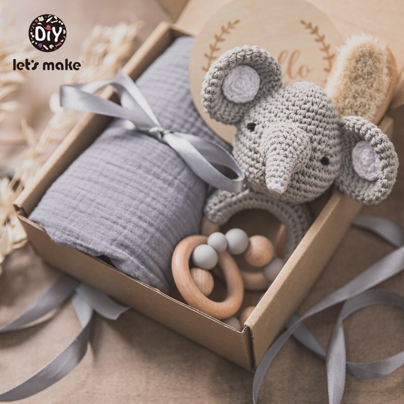 1set Baby Towel Birth Gift Set Double Sided Cotton Blanket Crochet Rattle Wooden Brush Milesto Brush Rattle Bracelet Birth Gifts - Provence Home Living Store