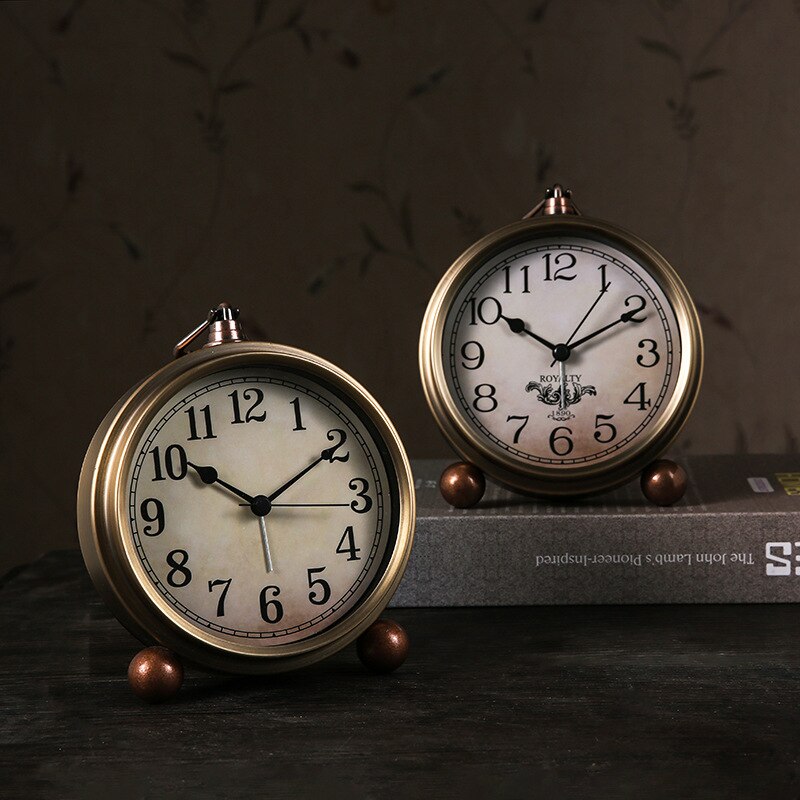 Wind Retro Small Table Clock Alarm Clock Metal Plated Bronze Classic Student Bedside Desk Decoration - Provence Home Living Store