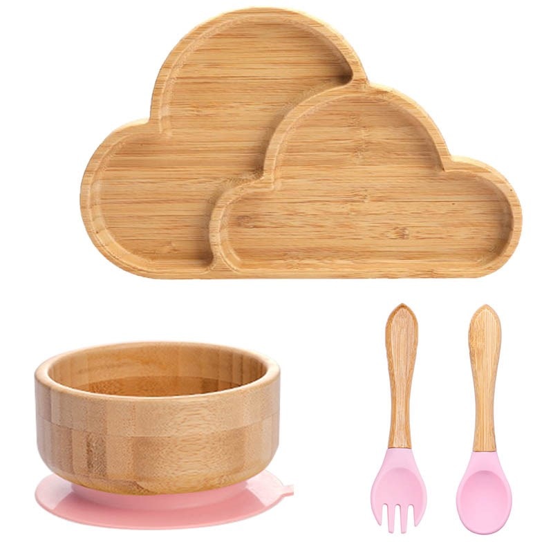 4pcs Children&#39;s Tableware Suction Plate Bowl Baby Dishes Baby Feeding Dishes Spoon Fork Sets Bamboo Plate for Kids Tableware - Provence Home Living Store