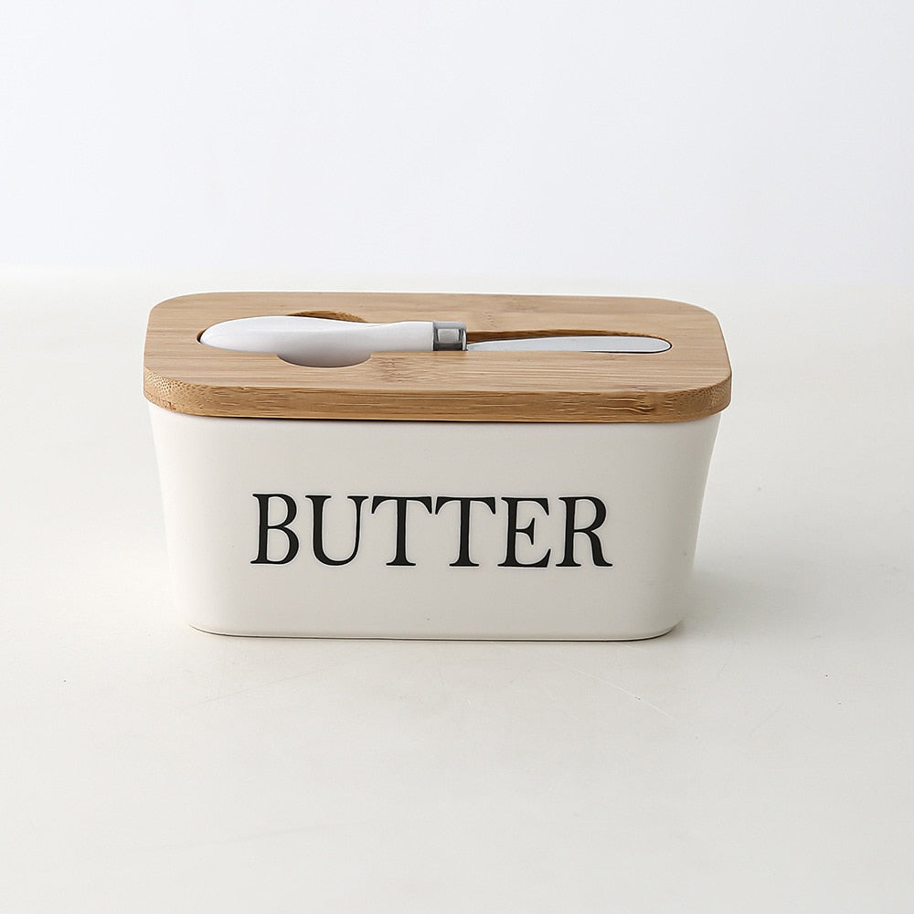 Ceramic Butter Sealing Box Nordic Butter Plate With Wood Lid And Knife Cheese Storage Tray Butter Dish Kitchen Storage Container - Provence Home Living Store