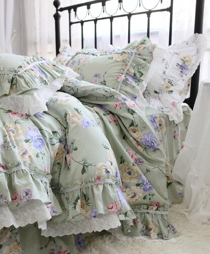 New American Floral bedding set 80 count quality cotton bedding elegant ruffle lace duvet cover set queen size bedding linens - Provence Home Living Store