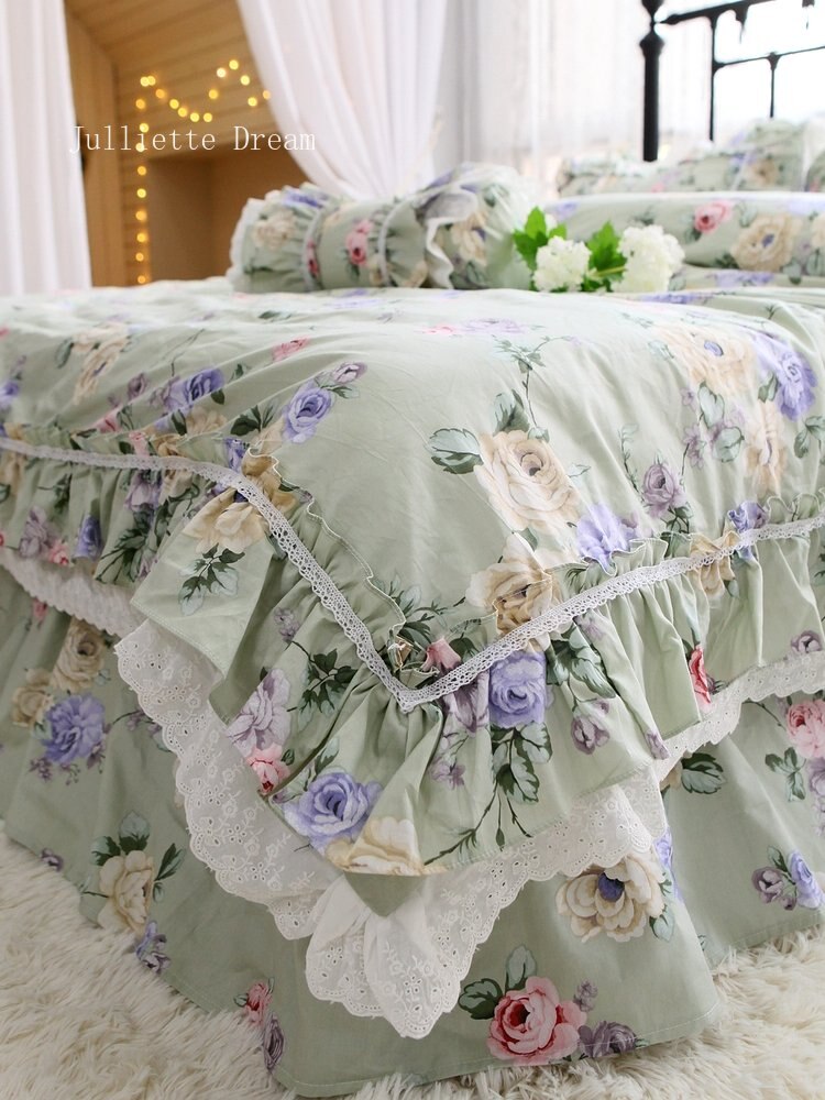 New American Floral bedding set 80 count quality cotton bedding elegant ruffle lace duvet cover set queen size bedding linens - Provence Home Living Store