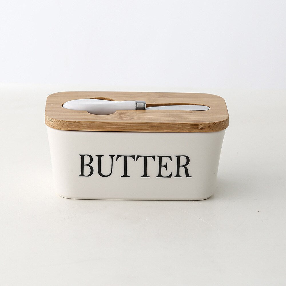 Ceramic Butter Sealing Box Nordic Butter Plate With Wood Lid And Knife Cheese Storage Tray Butter Dish Kitchen Storage Container - Provence Home Living Store