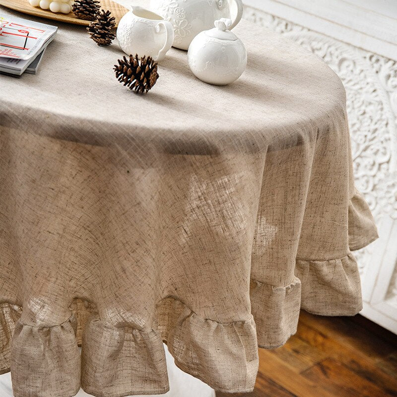 French Romantic Simple Ruffle Tablecloth Cotton Linen Table Cover American Round Tea Table Literary Retro Party Decoration - Provence Home Living Store