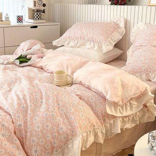 100% Cottom queen bedding set Romantic printed rose ruffle pink bedding set princess home textile linen bed sheet set twin size - Provence Home Living Store