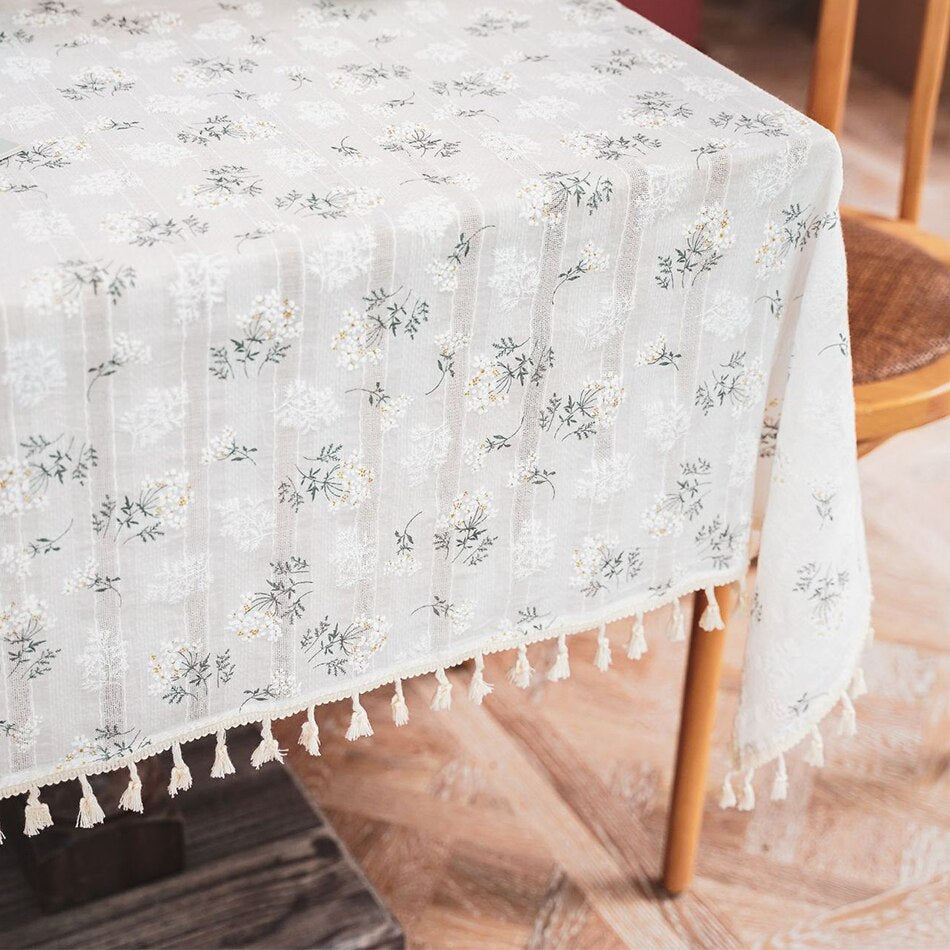 Lilacs Tassels Cotton Tablecloth,Daily Use Korean Style Daisy Tea Table Decor,Rectangle Table Cover for Kitchen Wedding Dining - Provence Home Living Store