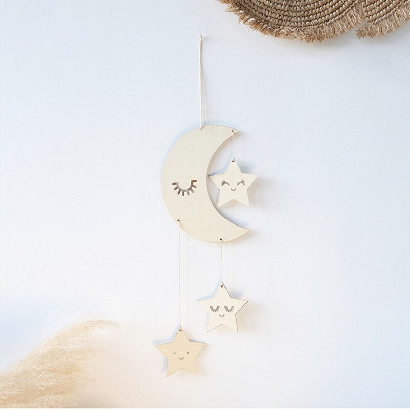 INS Nordic Wooden Moon Star Wall Hanging Pendant Wood Crafts Kids Room Decoration Ornament Baby Shower Nursery Decor Photo Props - Provence Home Living Store