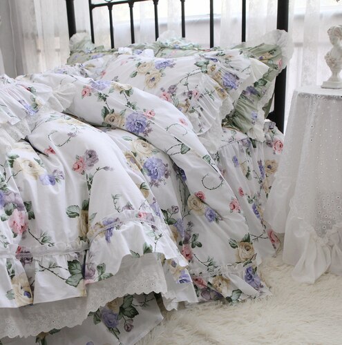 New American Floral bedding set 80 count quality cotton bedding elegant ruffle lace duvet cover set queen size bedding linens - Provence Home Living Store