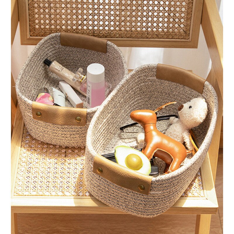 Cotton Rope Woven Storage Basket With Handle Kids Toys Snacks Sundries Organizer Desktop Storage Box Household Laundry Baskets - Provence Home Living Store