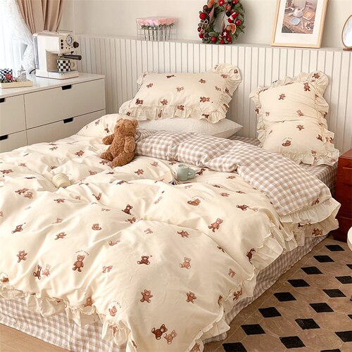 100% Cottom queen bedding set Romantic printed rose ruffle pink bedding set princess home textile linen bed sheet set twin size - Provence Home Living Store