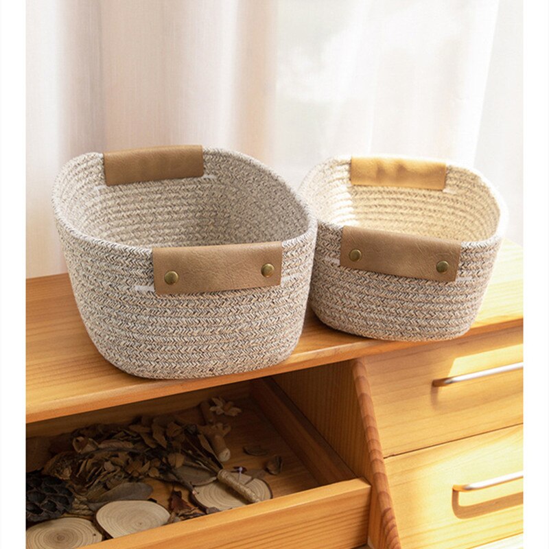 Cotton Rope Woven Storage Basket With Handle Kids Toys Snacks Sundries Organizer Desktop Storage Box Household Laundry Baskets - Provence Home Living Store