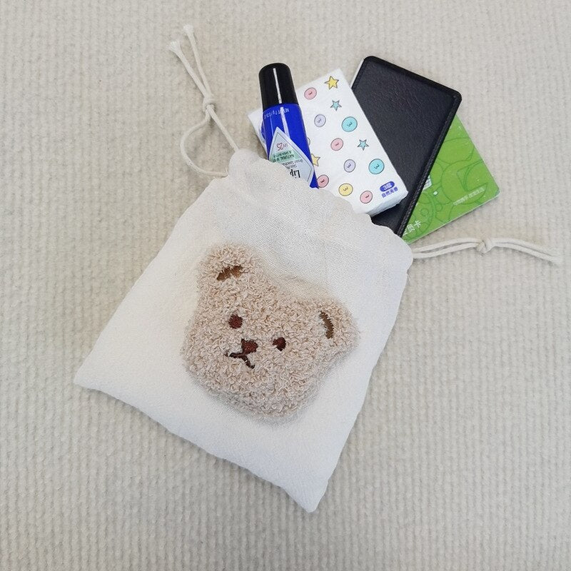 INS Bear Mini Muslin Drawstring Storage Bag Kids Coin Purse Pocket Wireless Earphone Organizer Pouch Travel Make Up Cosmetic Bag - Provence Home Living Store