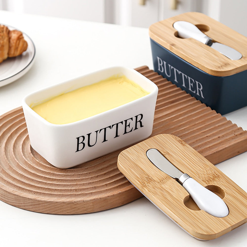 Ceramic Butter Sealing Box Nordic Butter Plate With Wood Lid And Knife Cheese Storage Tray Butter Dish Kitchen Storage Container - Provence Home Living Store