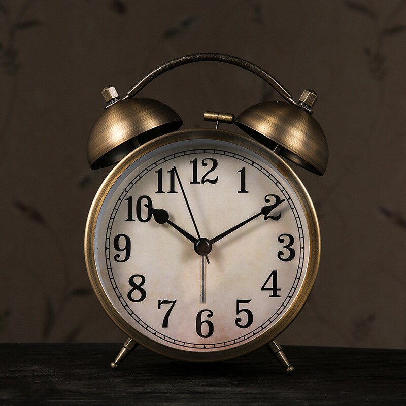 Wind Retro Small Table Clock Alarm Clock Metal Plated Bronze Classic Student Bedside Desk Decoration - Provence Home Living Store