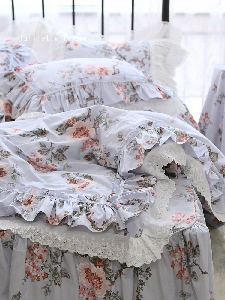 New French Countryside Garden Flowers and Birds bedding set Cotton ruffle lace duvet cover bed sheet set Bedding Sets for queen - Provence Home Living Store