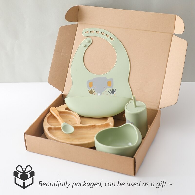 Silicone Baby Feeding Set Baby Feeding Supplies Kids Bamboo Dinnerware With Cup Children&#39;s Dishes Bowl Stuff Tableware Gifts Set - Provence Home Living Store