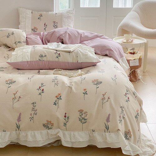 Dobby Print ruffle lace bedding set floral gentle cotton queen bedding set simple bed sheets quilt cover bedding princess linen - Provence Home Living Store