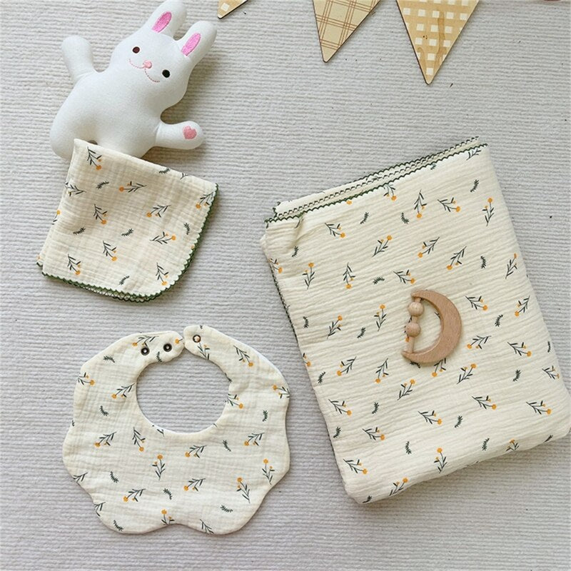 3 Pcs Cotton Muslin Baby Blanket+Square Face Towel+Baby Bib Soft Cartoon Newborn Swaddle Wrap Bath Towel Kids Receiving Blanket - Provence Home Living Store