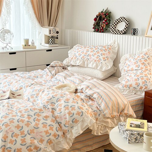 100% Cottom queen bedding set Romantic printed rose ruffle pink bedding set princess home textile linen bed sheet set twin size - Provence Home Living Store